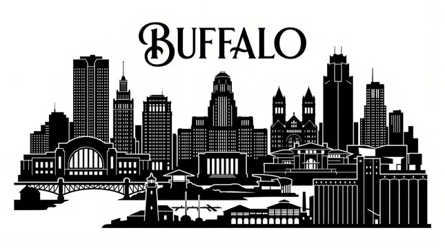 Highly detailed Buffalo, New York skyline silhouette featuring Buffalo City Hall, One Seneca Tower, Electric Tower, historic Art Deco architecture, grain elevators, Peace Bridge, Buffalo Lighthouse