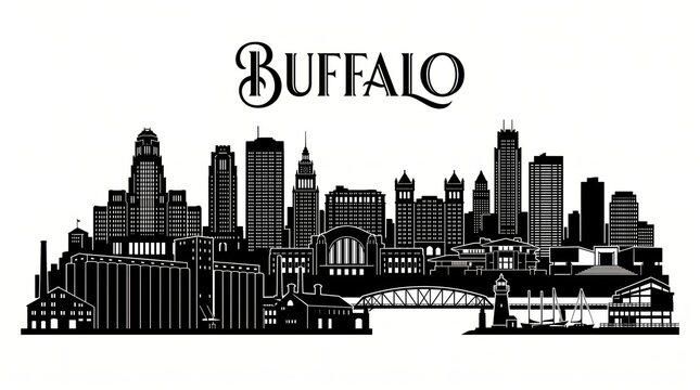 Highly detailed Buffalo, New York skyline silhouette featuring Buffalo City Hall, One Seneca Tower, Electric Tower, historic Art Deco architecture, grain elevators, Peace Bridge, Buffalo Lighthouse