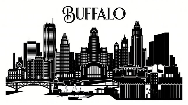 Highly detailed Buffalo, New York skyline silhouette featuring Buffalo City Hall, One Seneca Tower, Electric Tower, historic Art Deco architecture, grain elevators, Peace Bridge, Buffalo Lighthouse