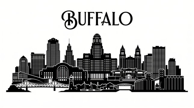 Highly detailed Buffalo, New York skyline silhouette featuring Buffalo City Hall, One Seneca Tower, Electric Tower, historic Art Deco architecture, grain elevators, Peace Bridge, Buffalo Lighthouse