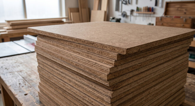 Stack of particle board sheets on wooden workbench in carpentry workshop