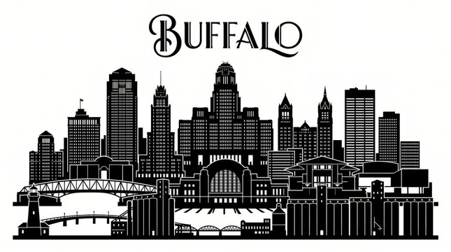 Highly detailed Buffalo, New York skyline silhouette featuring Buffalo City Hall, One Seneca Tower, Electric Tower, historic Art Deco architecture, grain elevators, Peace Bridge, Buffalo Lighthouse