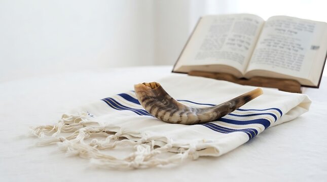 A shofar horn resting on a tallit prayer shawl with an open prayer book in the background, symbolizing jewish religious traditions and holidays