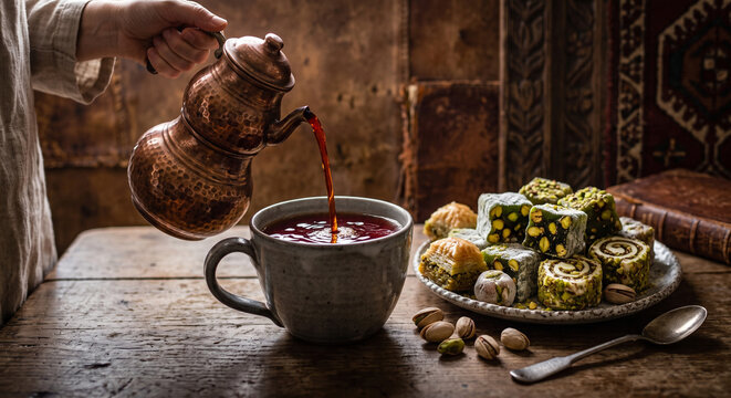 Hand pouring tea from copper pot into gray cup with sweets on wooden table