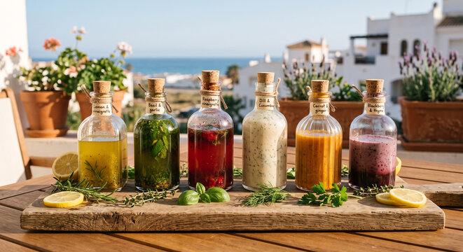Assorted glass bottles of dressings on wooden board outdoors with ocean view