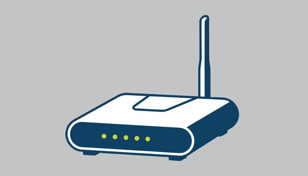 Internet router device in white and blue colors with single antenna and green lights, isolated on a grey background.
