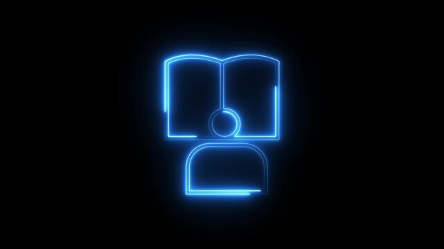 Neon person reading book icon glows with electric blue light on black backdrop for video.