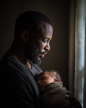 Father gently rocking baby to sleep in his arm, soft window light, peaceful emotion