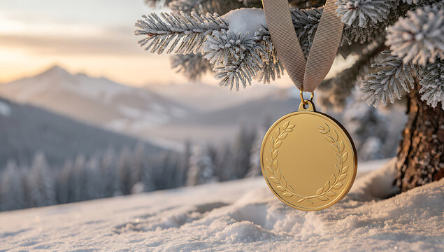 Close-up of a golden award medal hanging on a snow-covered pine branch