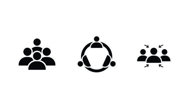 Flat black icons representing teamwork social network group cooperation and leadership in a business environment.
