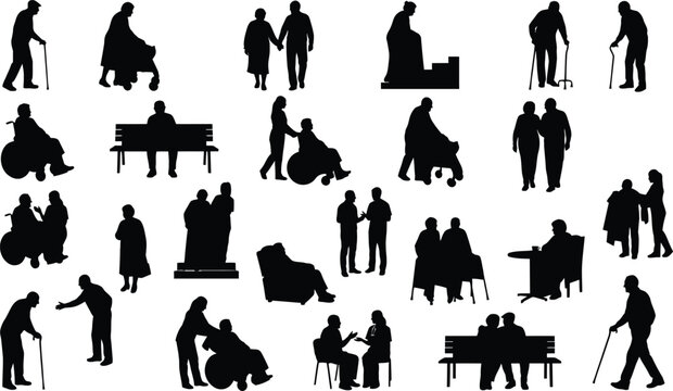 Set of silhouettes of elderly people including seniors walking sitting in wheelchairs and talking isolated on transparent background, Vector