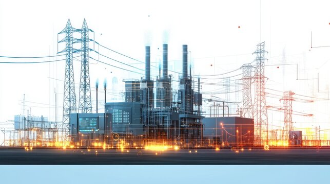 Power plant infrastructure stands against a bright sky featuring electrical towers and high-voltage transmission lines.