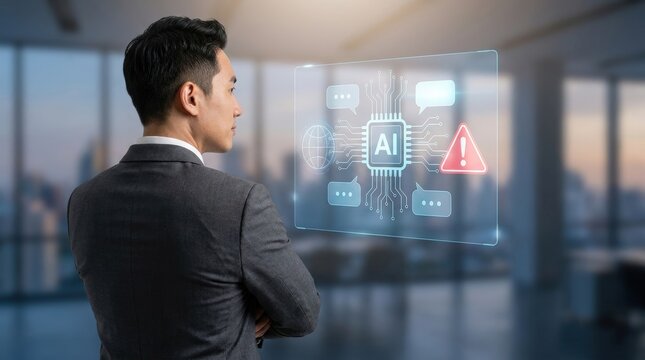 Businessman interacting with artificial intelligence interface displaying warning alert.