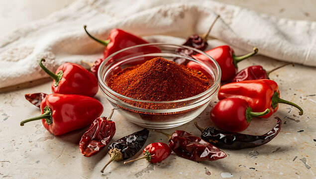 High-end overhead food photograph featuring chili peppers and spices