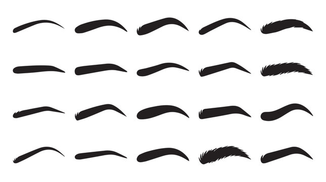Professional eyebrow shapes set, 20 black vector brow icons, cosmetic permanent makeup templates, beauty salon microblading guides