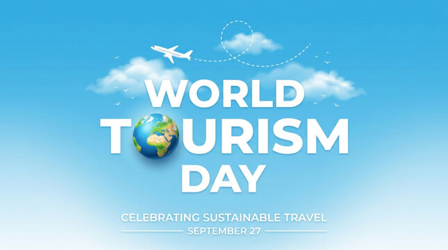 World Tourism Day Poster with Airplane and Globe in Blue Sky