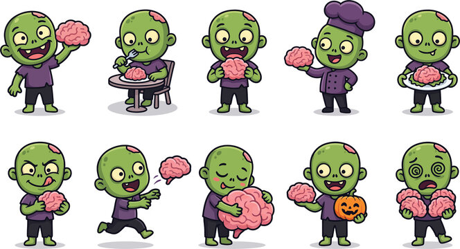 Funny Cute Zombie Eating Cartoon Brain Halloween Character Illustration in Transparent Background