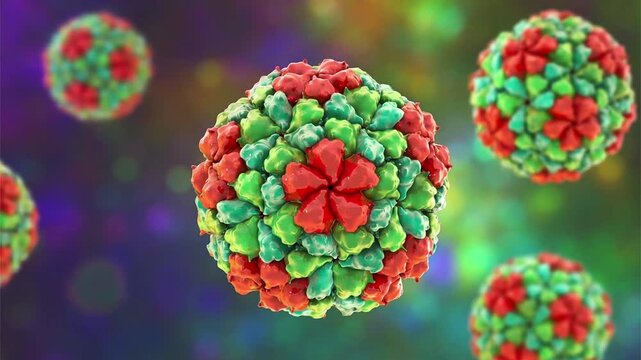 Astrovirus particles, 3D animation showing a viral gastroenteritis pathogen causing acute diarrhoea and vomiting, a common cause of paediatric enteric infection and outbreaks.