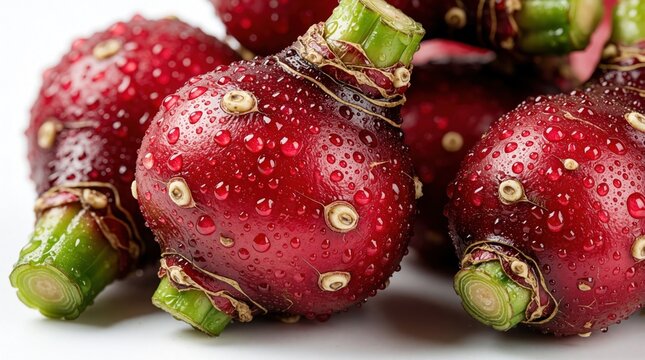 Fresh red oca tubers with water drops on white background. Raw organic root vegetables lie in pile. Healthy colorful macro food ingredient for cooking diet meal. Natural farm produce showing juicy