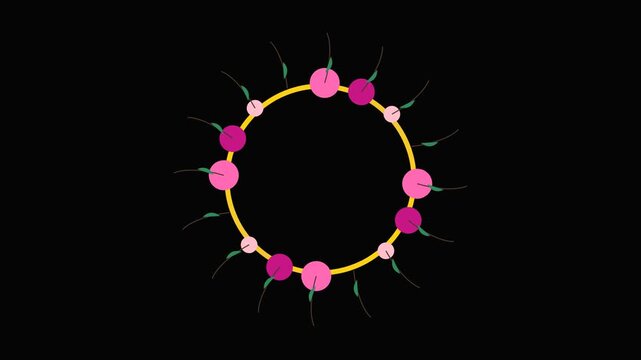 Circular frame of pink and magenta cherries on a black background