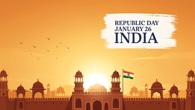 Silhouette of Indias Red Fort at Sunset with Flag Flying