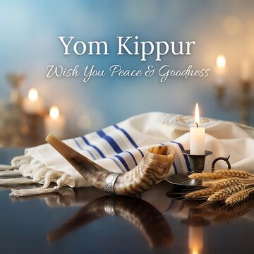 Yom kippur greeting card featuring a shofar, tallit, and a lit candle on a reflective surface