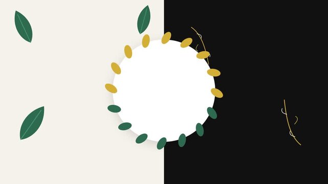 Minimalist botanical wreath design on a split cream and black background