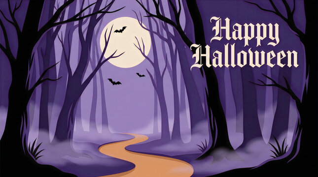A spooky purple forest scene featuring a glowing full moon and a winding path for a festive halloween background design
