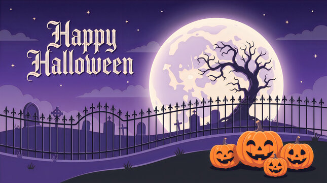 A spooky purple halloween background featuring a large full moon a creepy tree a graveyard and carved orange pumpkin lanterns