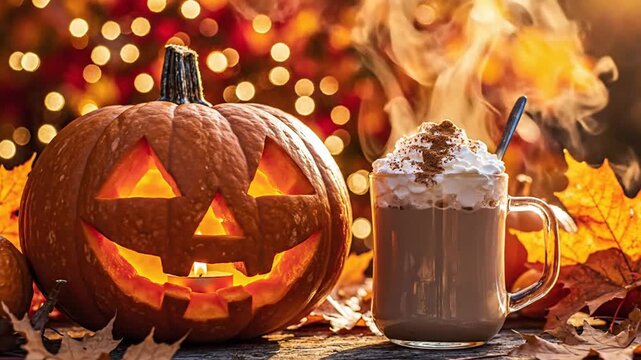 Jack o lantern with Hot Chocolate and Autumn Leaves Festive Halloween