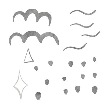 Set of abstract shapes made of rhombus, triangles, spots, and waves. Hand drawn geometric watercolor illustration for branding, invitations, cards, textiles, and packaging.