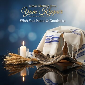 Yom kippur greeting with shofar, tallit, and candle