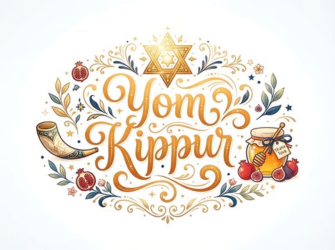 Yom kippur greeting card design with star of david, shofar, honey jar, and pomegranates isolated on white background