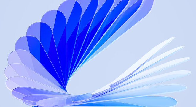 3D Render of Abstract Blue Gradient Glass Petals Forming Spiral Fan Shape on Light Background Modern Digital Art
