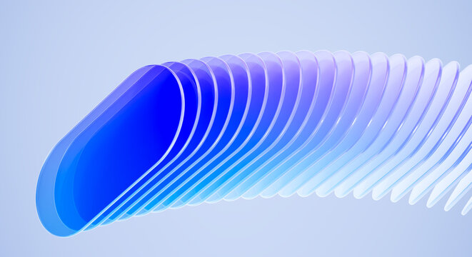 3D Render Abstract Blue Gradient Glass Discs Flowing Wave Pattern Modern Digital Art Futuristic Technology Background Design