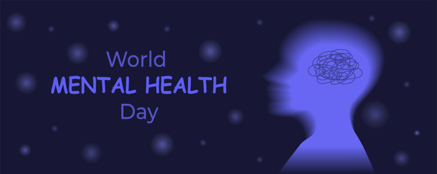 World Mental Health Day banner with blue blurred silhouette and scribble brain in starry night atmosphere