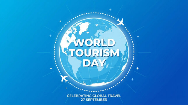 World Tourism Day Celebration Banner with Globe and Airplanes