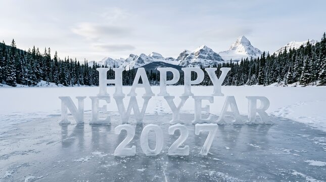 Frozen ice lake with 2027 new year text mountain backdrop