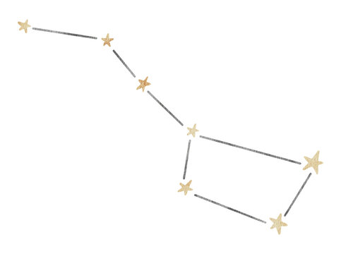 Watercolor illustration constellation Ursa Major or Great Bear. . Isolated clip art of astronomy with yellow stars. Astrological zodiac sign for posters, ursery projects and fantasy designs