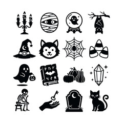 Fototapeta premium Halloween Silhouette Icons Vector Set with Ghost, Mummy, Skeleton, Cat, and Witch ElementsHalloween Silhouette Icons Vector Set with Ghost, Mummy, Skeleton, Cat, and Witch Elements