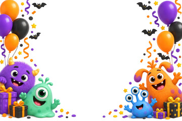Fototapeta premium Colorful cartoon monsters celebrate halloween beside balloons, pumpkins and gift boxes with bats and confett party frame on transparent background