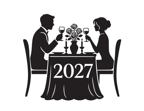 Romantic couple having a dinner date with wine and roses for happy new year 2027 celebration