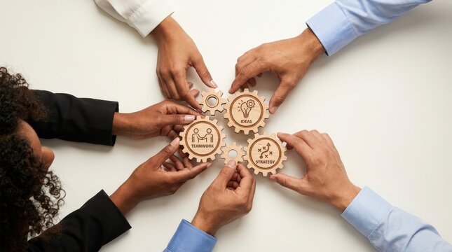Diverse team hands connecting wooden gears symbolizing teamwork and collaboration.