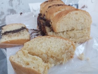 Fototapeta premium Sliced ​​bread filled with chocolate and cheese