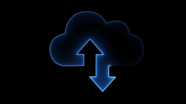 Glowing Cloud Storage Icon with Data Transfer Arrows and Seamless Loop Animation