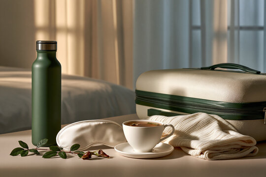 Luxury travel recovery scene with suitcase water bottle sleep mask herbal tea and hotel light highlighting jet lag brain fog wellness