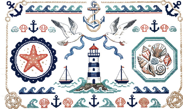 Nautical vector illustration set featuring lighthouse seagull anchor starfish and sea shells with decorative rope border elements for maritime design