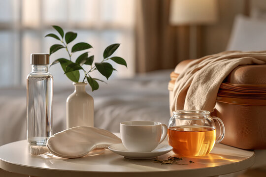 Luxury travel recovery scene with suitcase water bottle sleep mask herbal tea and hotel light highlighting jet lag brain fog wellness