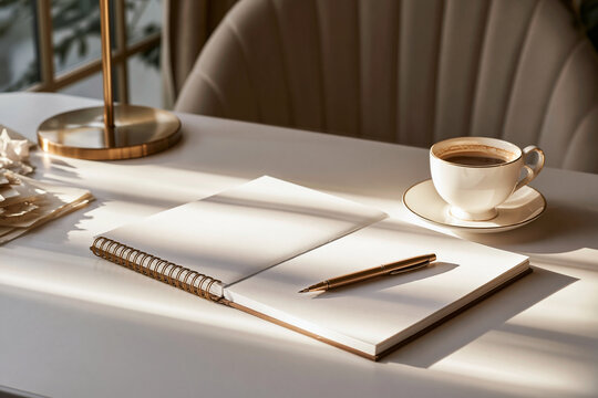 Sophisticated creative studio desk with blank sketch book coffee and notes highlighting brain fog mental block and quiet productivity
