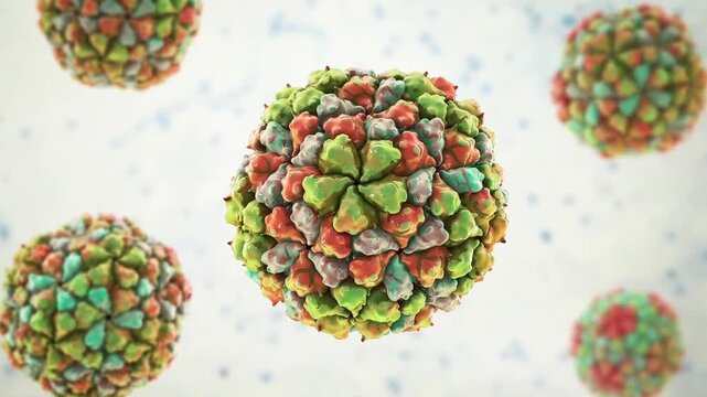 Astrovirus particles, 3D animation showing a viral gastroenteritis pathogen causing acute diarrhoea and vomiting, a common cause of paediatric enteric infection and outbreaks.